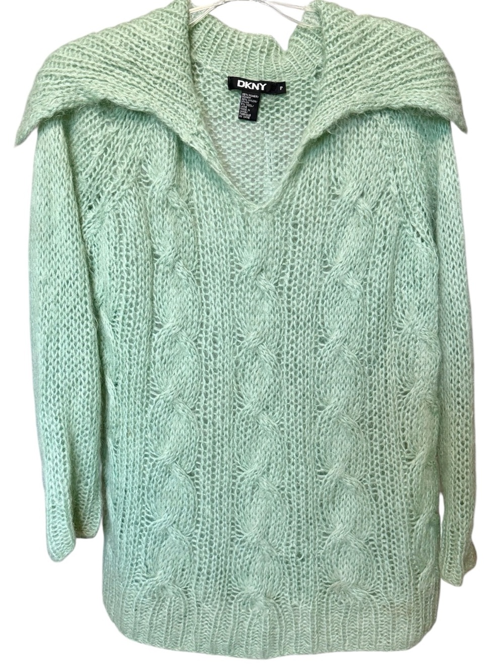 DKNY Cable Knit Mohair Blend Pullover Sweater Petite SM Mint Green Open Collar